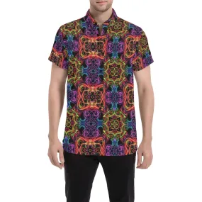 Psychedelic Short Sleeve Men Button Down Shirt, Vintage Trippy Rave Glow Lights Print Casual Buttoned Summer Dress Collared Shirt