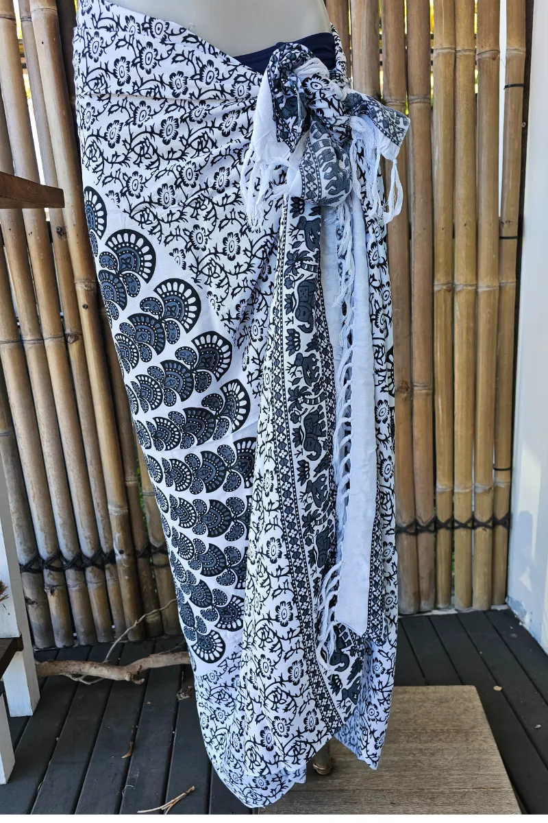 Rayon Sarong Wrap Elephant Patterned Fringed Sarong Tan/Black