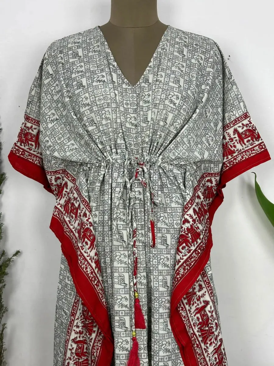 Recycled Silk Vintage Sari Kaftan Boho Dress Flowy Long Length Blossom Artistic Women Beach Coverup | Grey Red Animal Prints