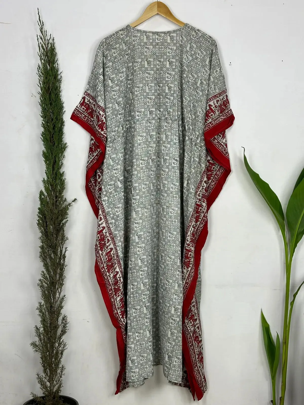 Recycled Silk Vintage Sari Kaftan Boho Dress Flowy Long Length Blossom Artistic Women Beach Coverup | Grey Red Animal Prints