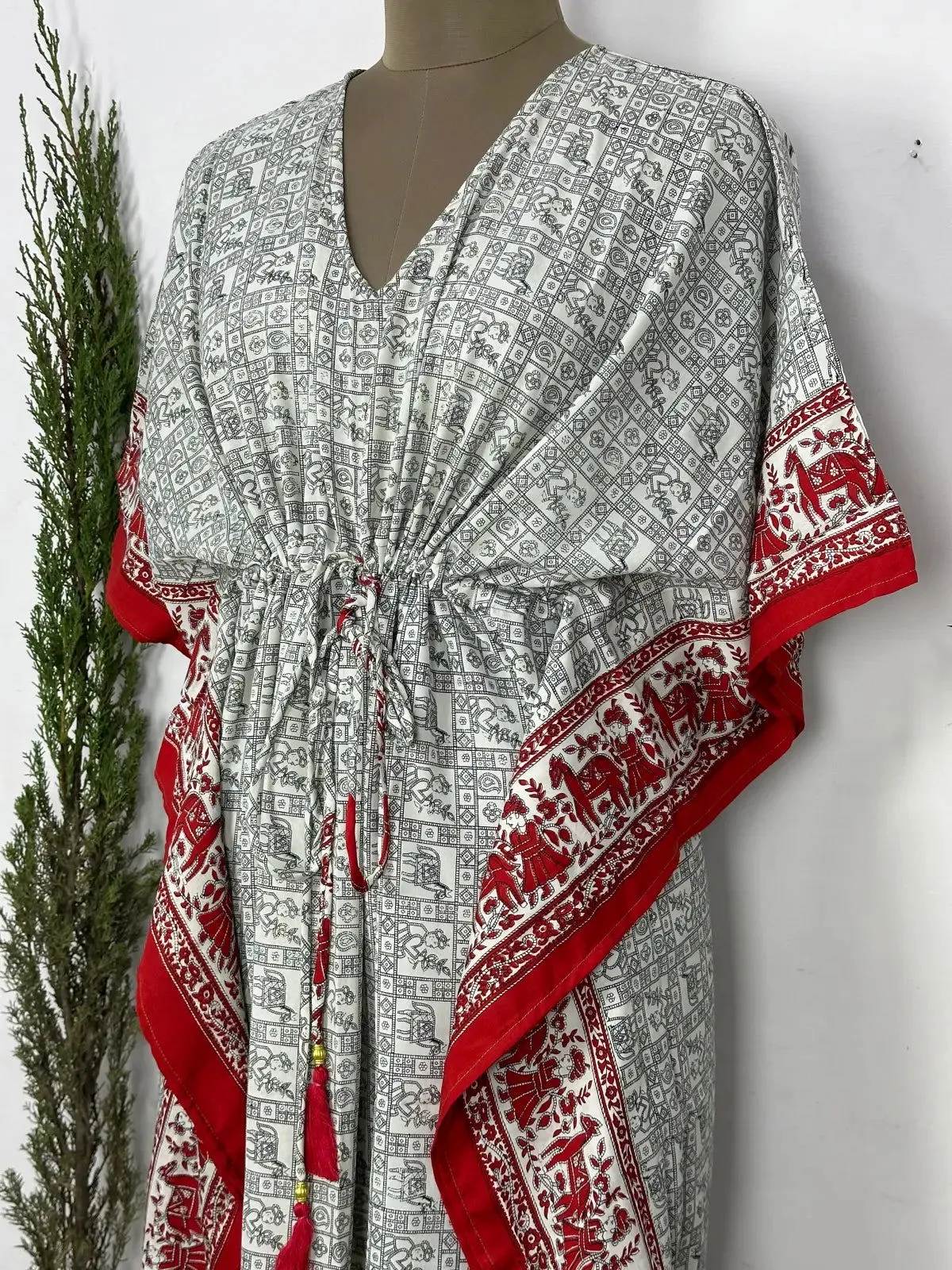 Recycled Silk Vintage Sari Kaftan Boho Dress Flowy Long Length Blossom Artistic Women Beach Coverup | Grey Red Animal Prints