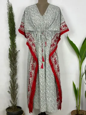 Recycled Silk Vintage Sari Kaftan Boho Dress Flowy Long Length Blossom Artistic Women Beach Coverup | Grey Red Animal Prints