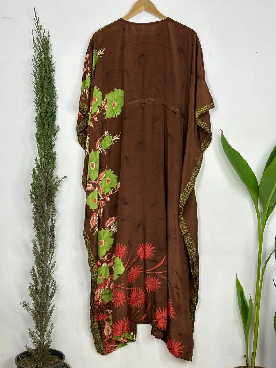 Recycled Silk Vintage Sari Kaftan Boho Dress Flowy Long Length Blossom Artistic Women Beach Coverup | Muddy Brown Floral