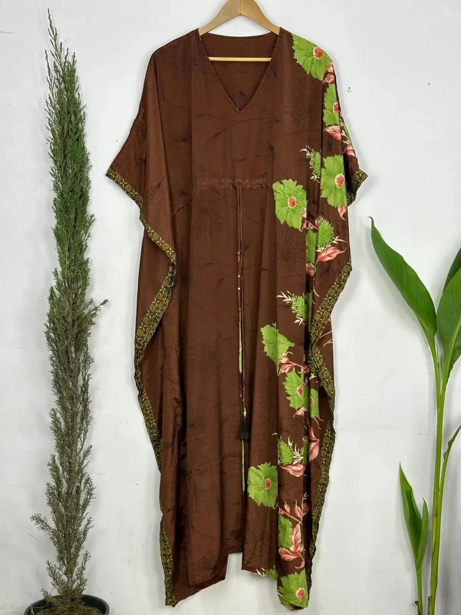 Recycled Silk Vintage Sari Kaftan Boho Dress Flowy Long Length Blossom Artistic Women Beach Coverup | Muddy Brown Floral