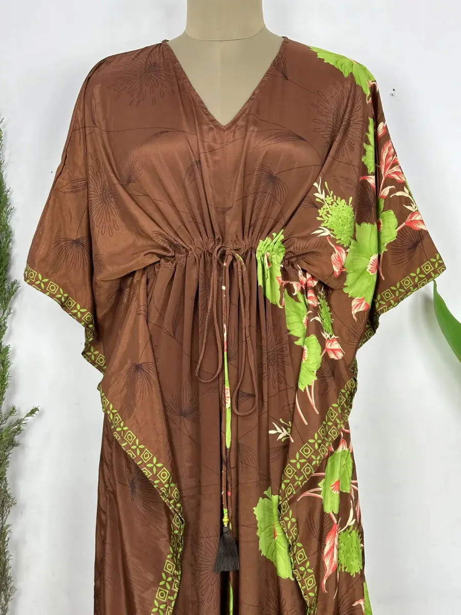 Recycled Silk Vintage Sari Kaftan Boho Dress Flowy Long Length Blossom Artistic Women Beach Coverup | Muddy Brown Floral