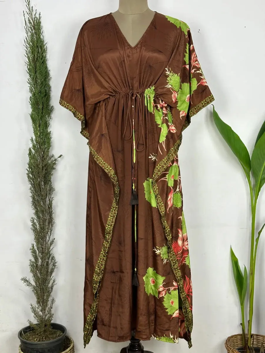 Recycled Silk Vintage Sari Kaftan Boho Dress Flowy Long Length Blossom Artistic Women Beach Coverup | Muddy Brown Floral