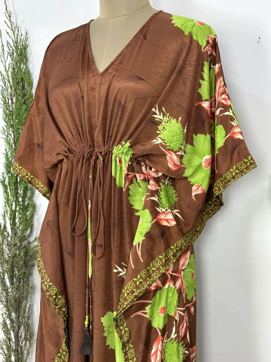 Recycled Silk Vintage Sari Kaftan Boho Dress Flowy Long Length Blossom Artistic Women Beach Coverup | Muddy Brown Floral