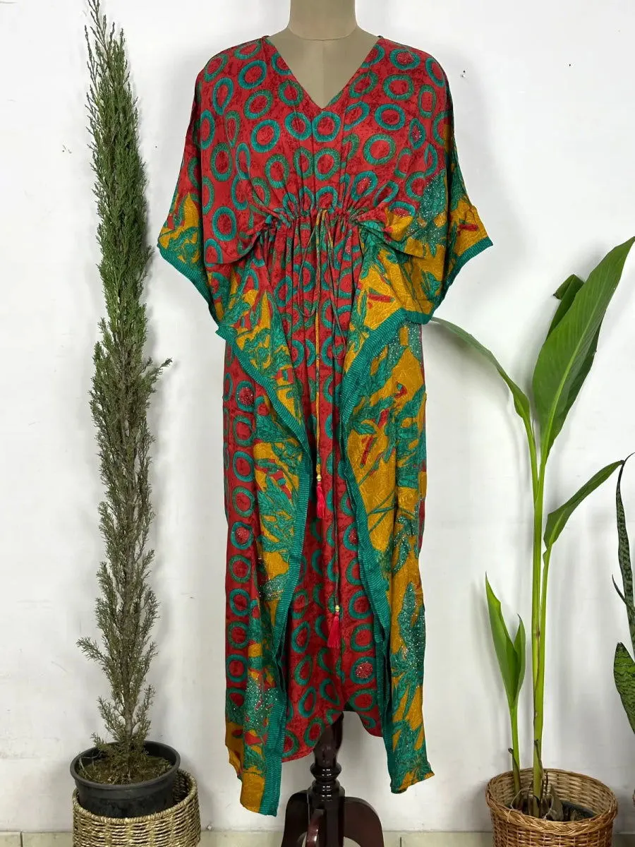 Recycled Silk Vintage Sari Kaftan Boho Dress Flowy Long Length Blossom Artistic Women Beach Coverup | Red Green Geometric