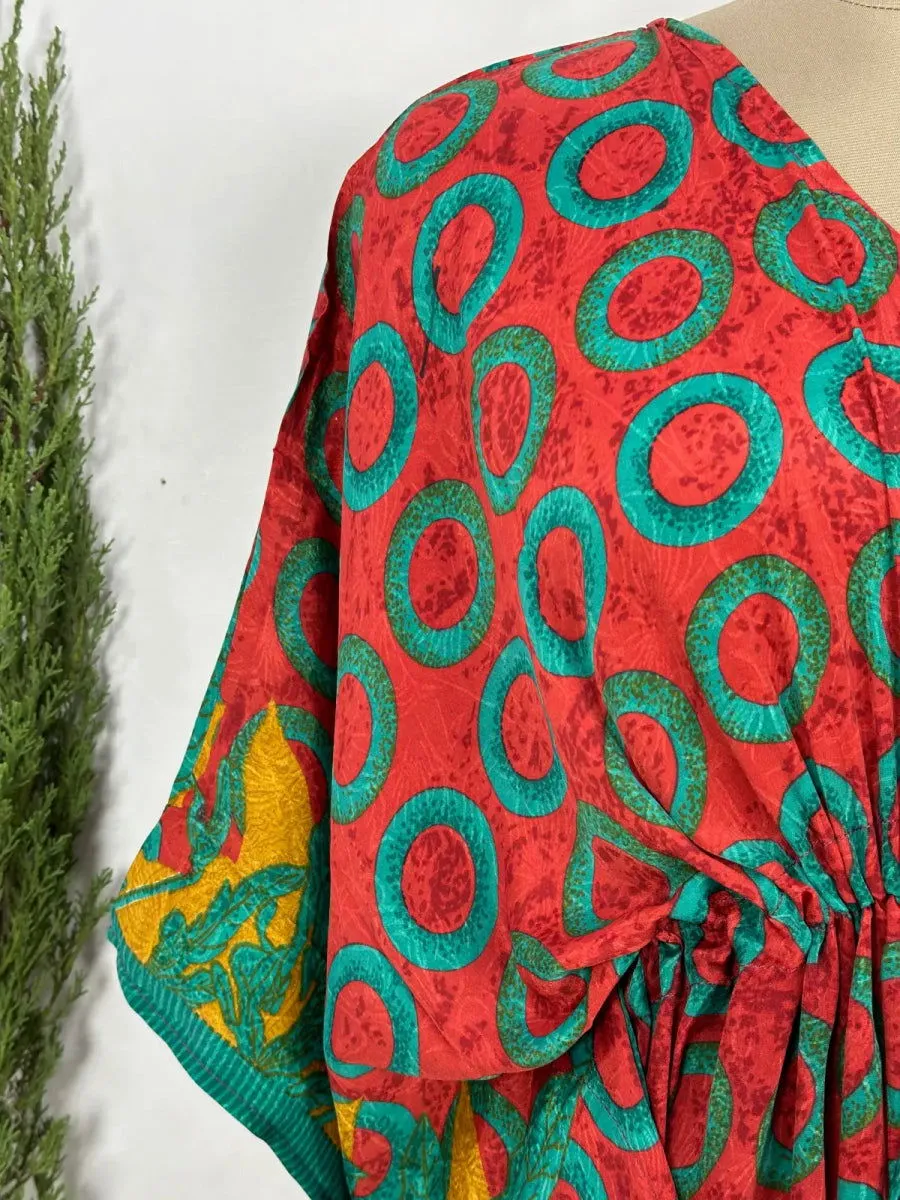 Recycled Silk Vintage Sari Kaftan Boho Dress Flowy Long Length Blossom Artistic Women Beach Coverup | Red Green Geometric