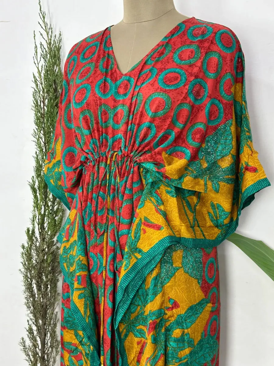 Recycled Silk Vintage Sari Kaftan Boho Dress Flowy Long Length Blossom Artistic Women Beach Coverup | Red Green Geometric