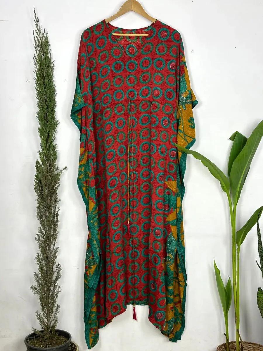 Recycled Silk Vintage Sari Kaftan Boho Dress Flowy Long Length Blossom Artistic Women Beach Coverup | Red Green Geometric