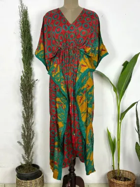 Recycled Silk Vintage Sari Kaftan Boho Dress Flowy Long Length Blossom Artistic Women Beach Coverup | Red Green Geometric