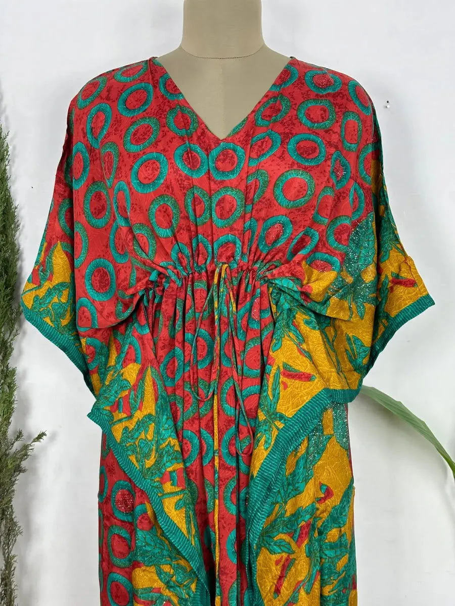 Recycled Silk Vintage Sari Kaftan Boho Dress Flowy Long Length Blossom Artistic Women Beach Coverup | Red Green Geometric