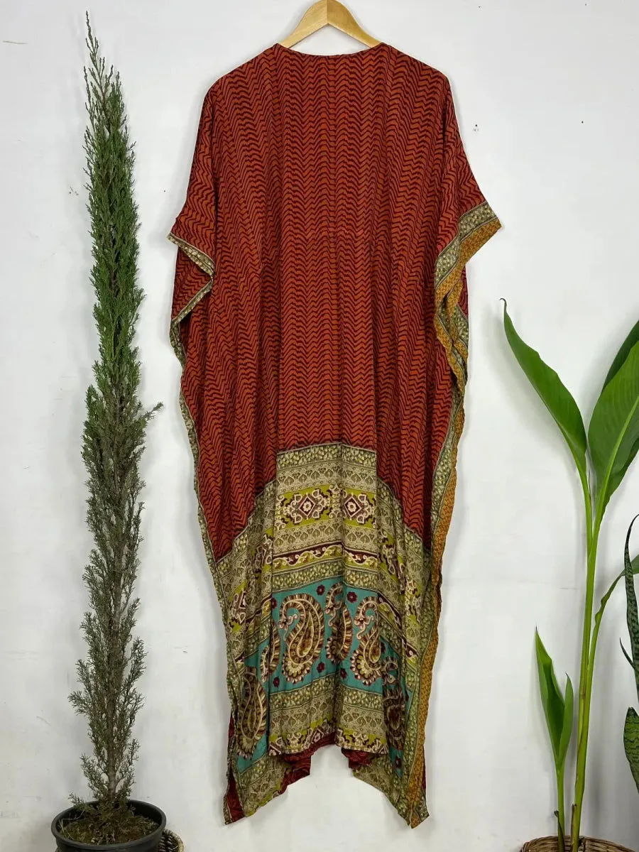 Recycled Silk Vintage Sari Kaftan Boho Dress Flowy Long Length Blossom Artistic Women Beach Coverup | Rust Brown Geometric