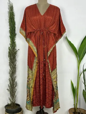 Recycled Silk Vintage Sari Kaftan Boho Dress Flowy Long Length Blossom Artistic Women Beach Coverup | Rust Brown Geometric