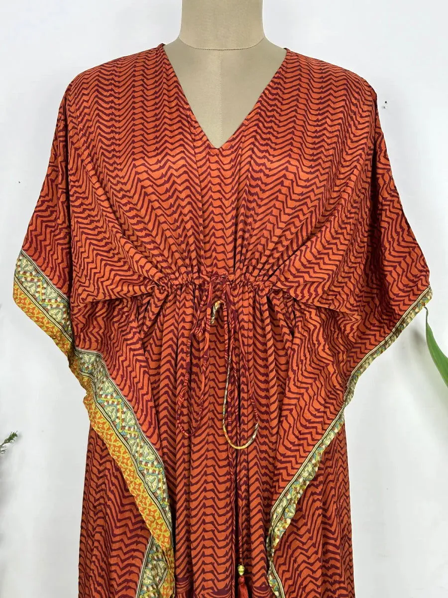 Recycled Silk Vintage Sari Kaftan Boho Dress Flowy Long Length Blossom Artistic Women Beach Coverup | Rust Brown Geometric