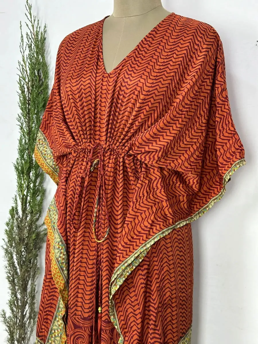 Recycled Silk Vintage Sari Kaftan Boho Dress Flowy Long Length Blossom Artistic Women Beach Coverup | Rust Brown Geometric