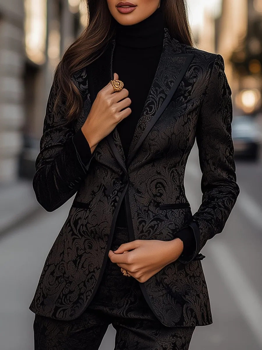 Refined Black Blazer with Luxurious Jacquard Detailing