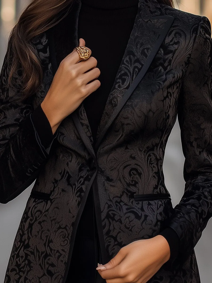 Refined Black Blazer with Luxurious Jacquard Detailing