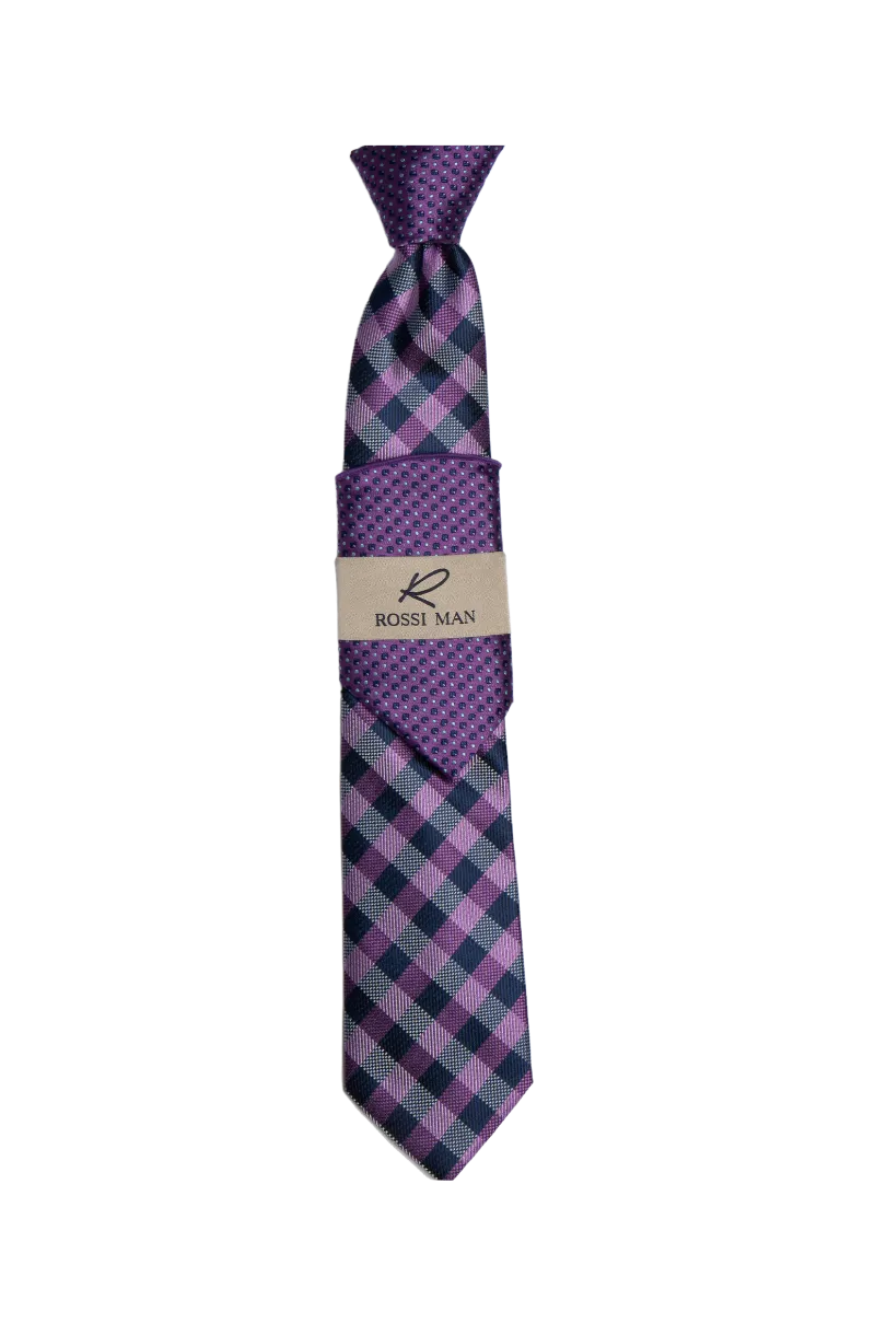 Rossi Man Purple Striped Ties and Hanky Set