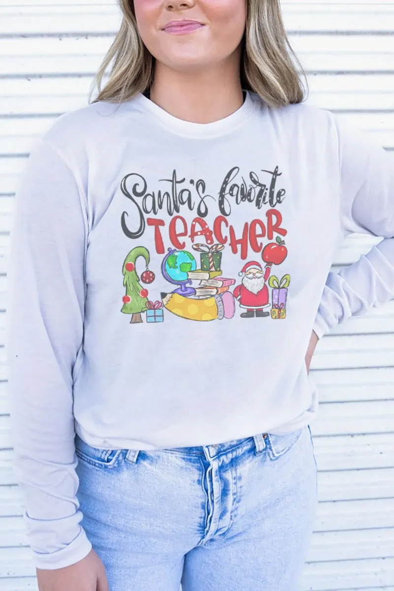 Santa's Favorite Teacher Adult Soft-Tek Blend Long Sleeve Tee