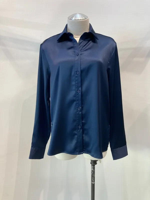 Satin button down solid color blouse shirt top