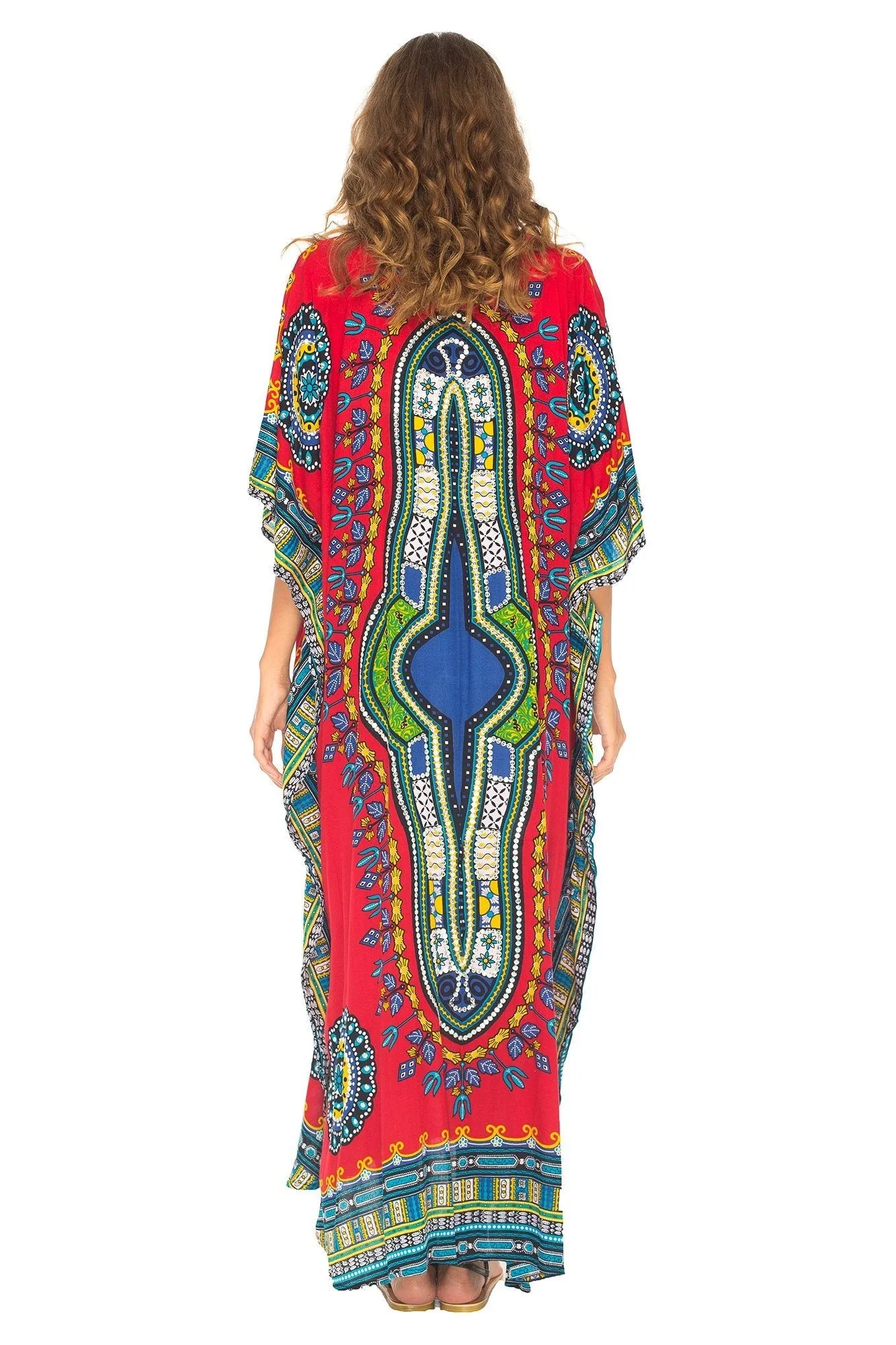 SHU-SHI Women's Ethnic V-Neck Kaftan Maxi Dress - Long Loose Casual Dashiki Beach Cover-Up with Sequins