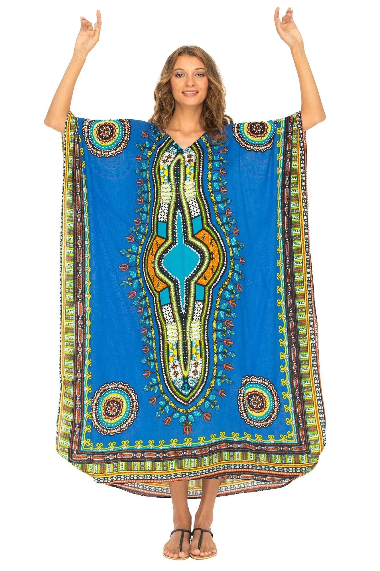 SHU-SHI Women's Ethnic V-Neck Kaftan Maxi Dress - Long Loose Casual Dashiki Beach Cover-Up with Sequins