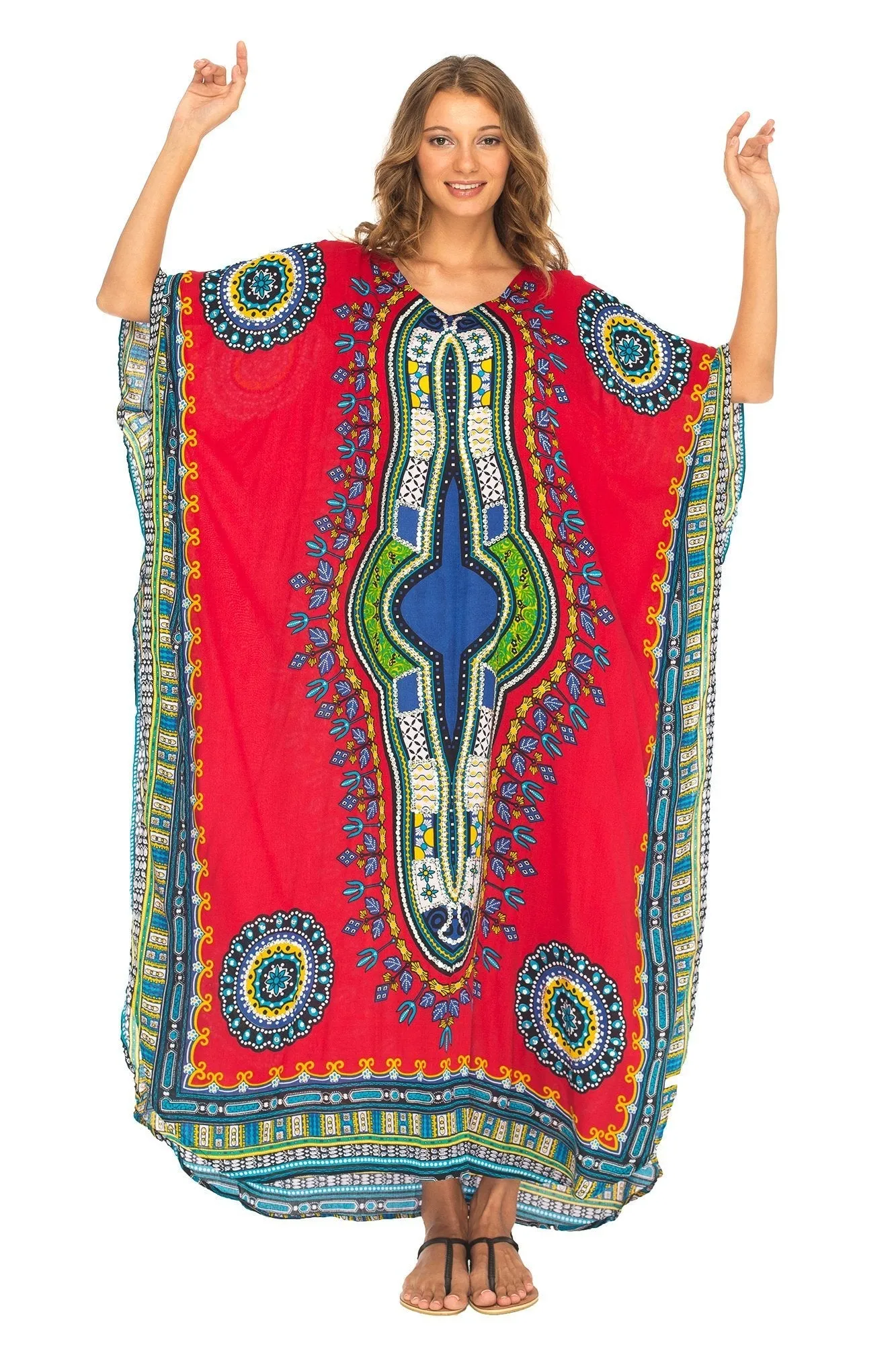 SHU-SHI Women's Ethnic V-Neck Kaftan Maxi Dress - Long Loose Casual Dashiki Beach Cover-Up with Sequins