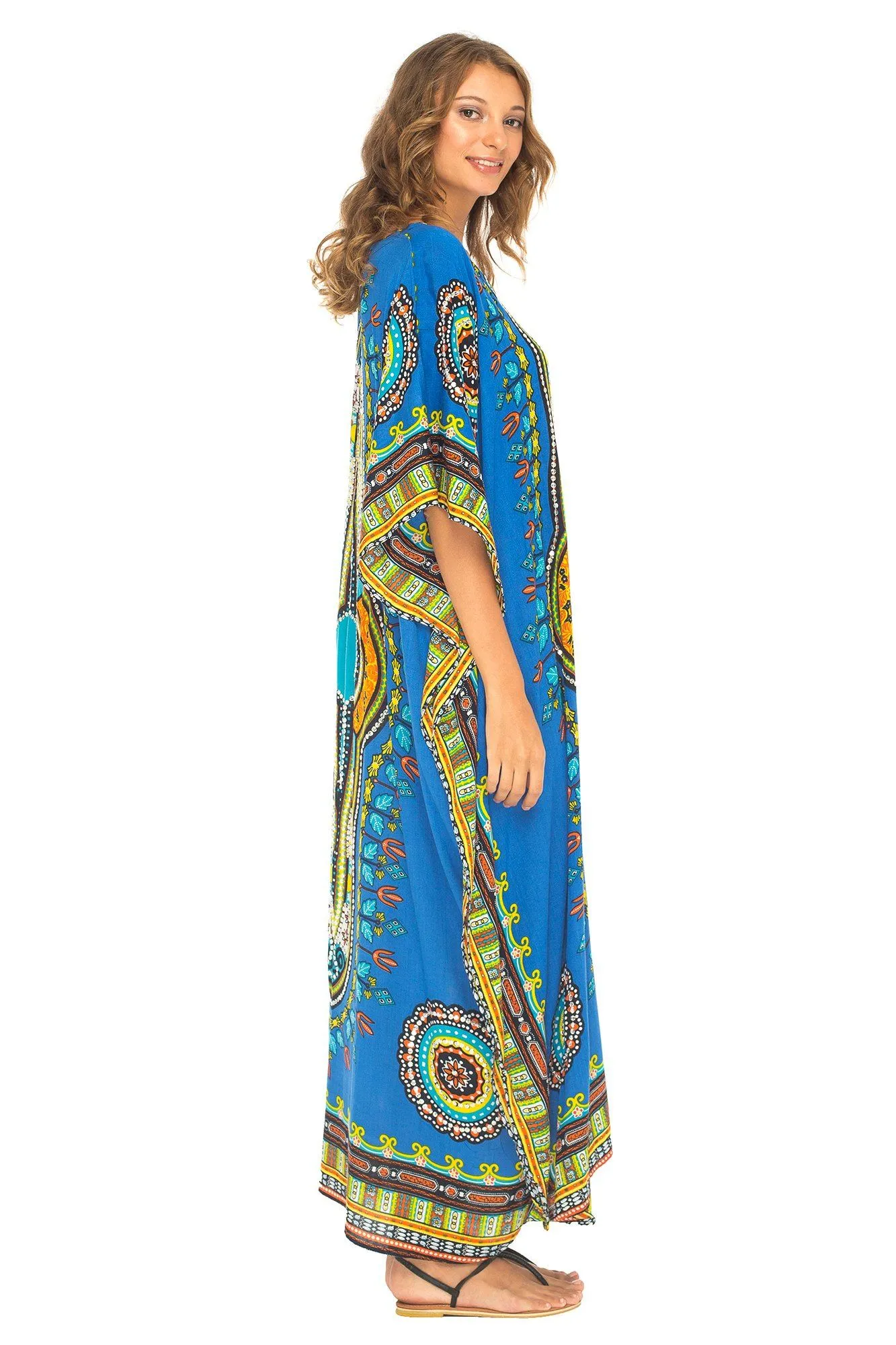 SHU-SHI Women's Ethnic V-Neck Kaftan Maxi Dress - Long Loose Casual Dashiki Beach Cover-Up with Sequins