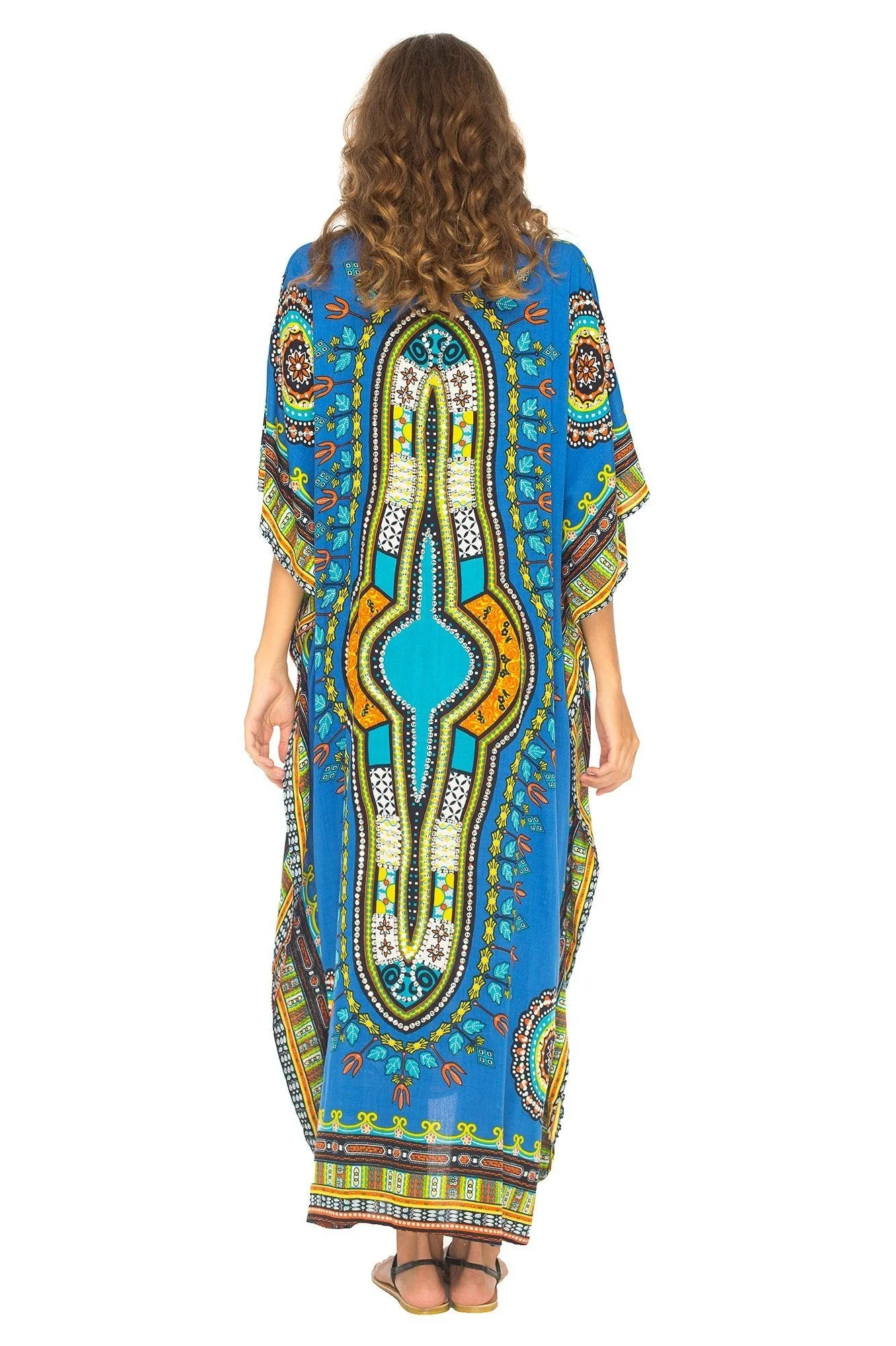 SHU-SHI Women's Ethnic V-Neck Kaftan Maxi Dress - Long Loose Casual Dashiki Beach Cover-Up with Sequins