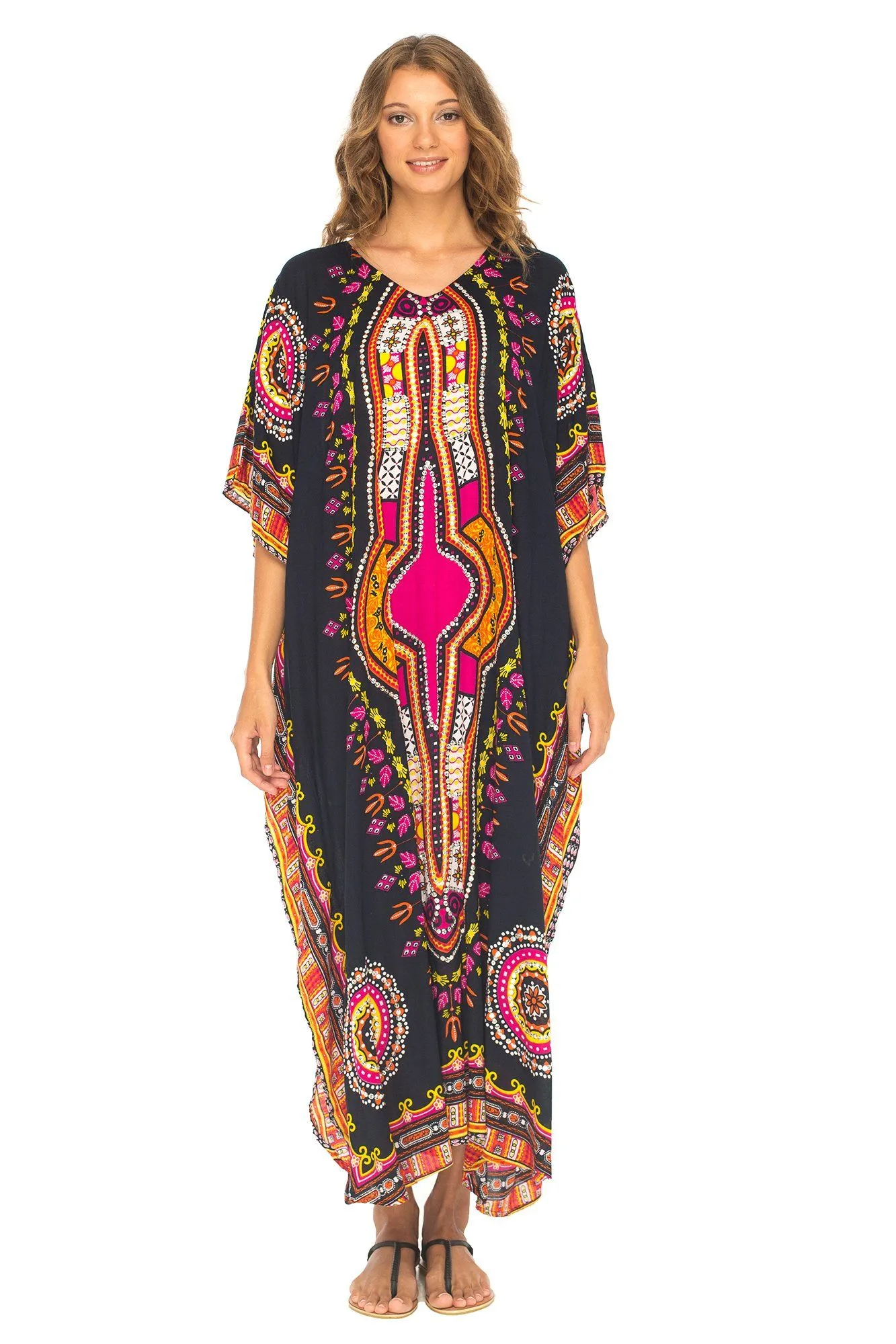 SHU-SHI Women's Ethnic V-Neck Kaftan Maxi Dress - Long Loose Casual Dashiki Beach Cover-Up with Sequins