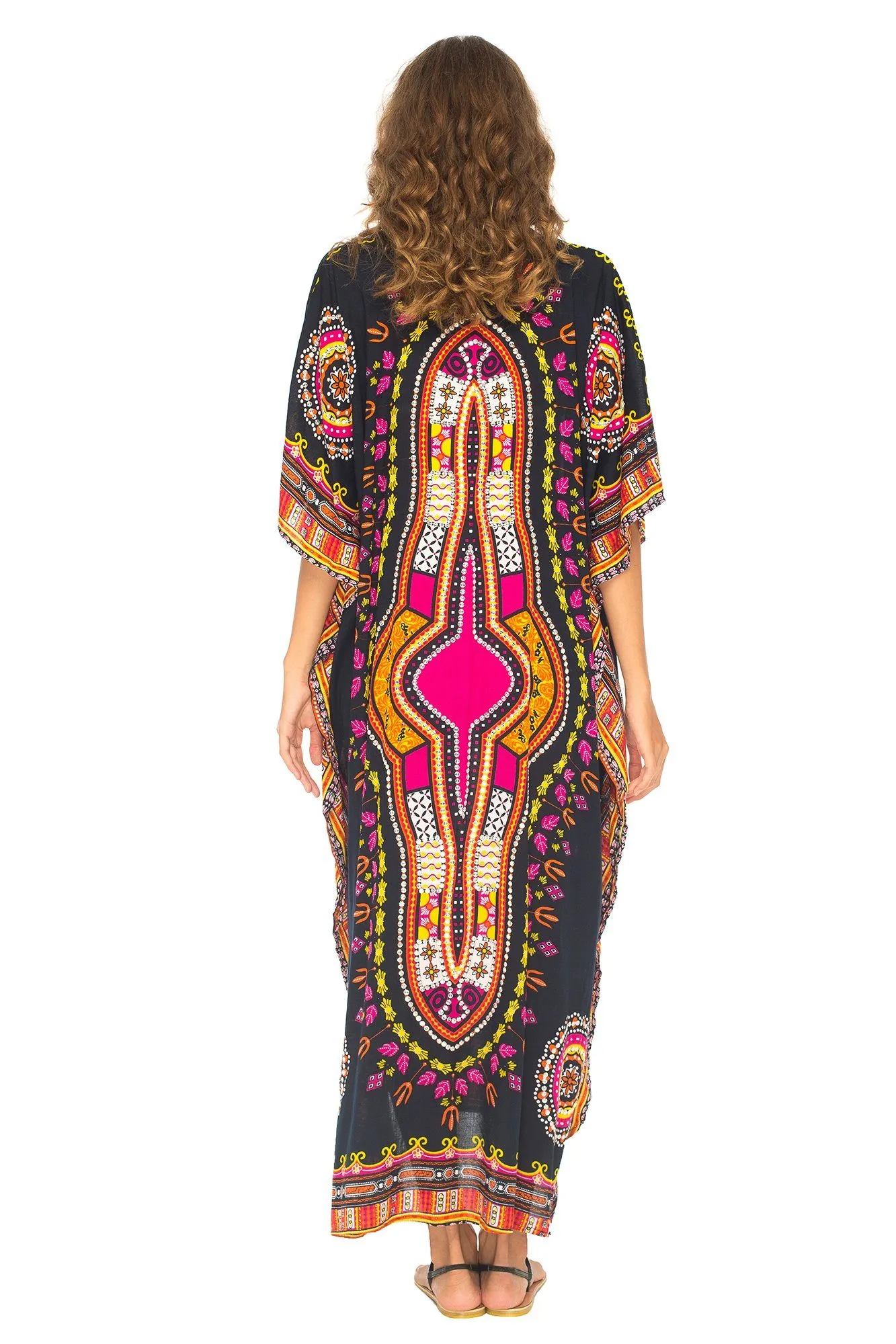 SHU-SHI Women's Ethnic V-Neck Kaftan Maxi Dress - Long Loose Casual Dashiki Beach Cover-Up with Sequins