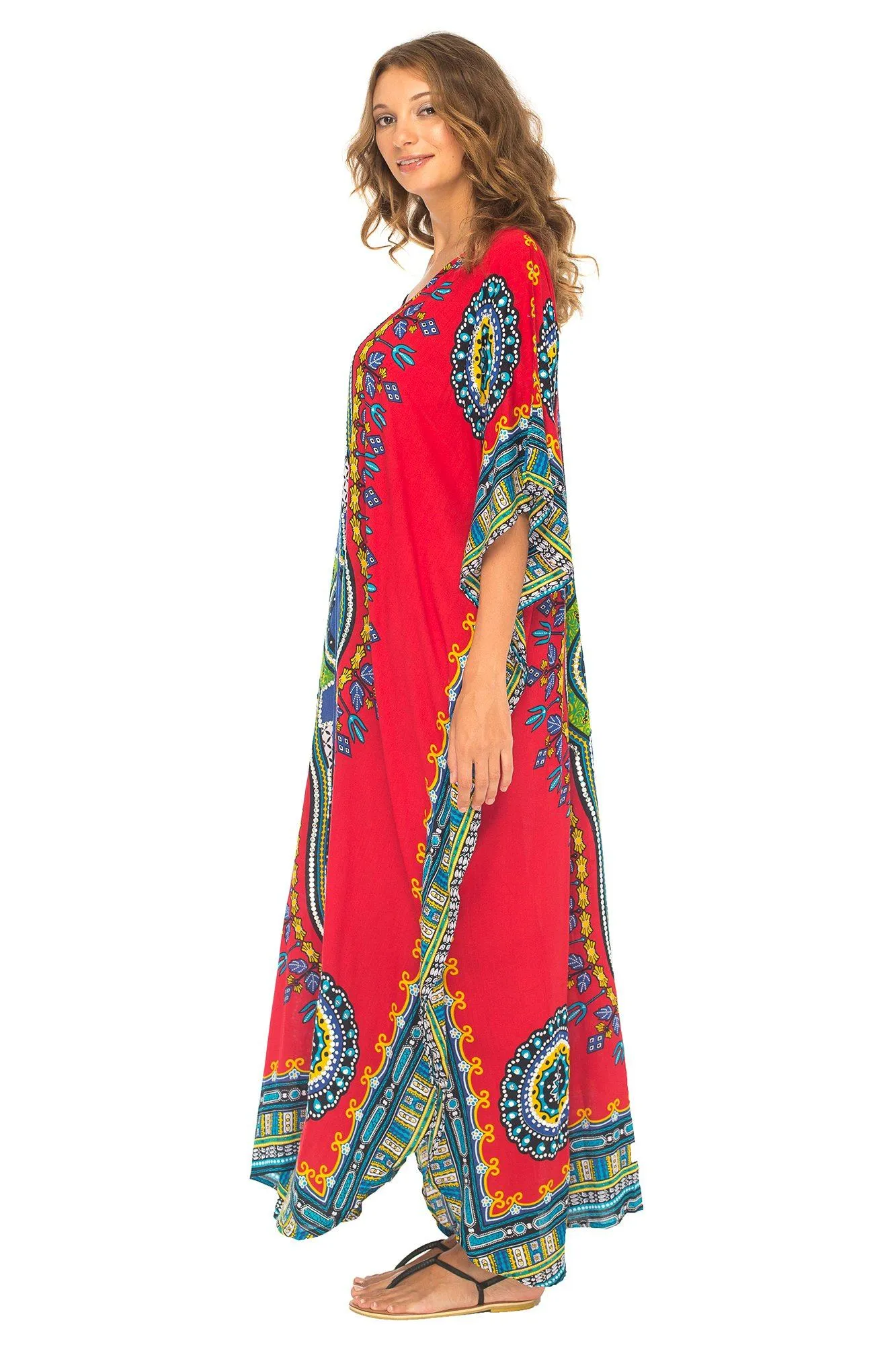 SHU-SHI Women's Ethnic V-Neck Kaftan Maxi Dress - Long Loose Casual Dashiki Beach Cover-Up with Sequins