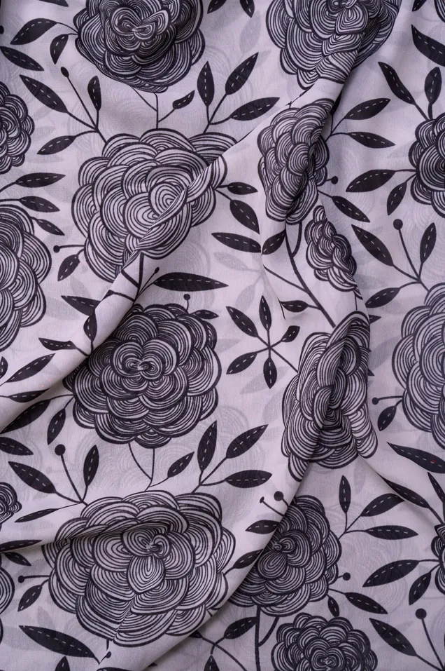 Silverish Black Outline Modern Floral Pattern Printed Georgette Fabric