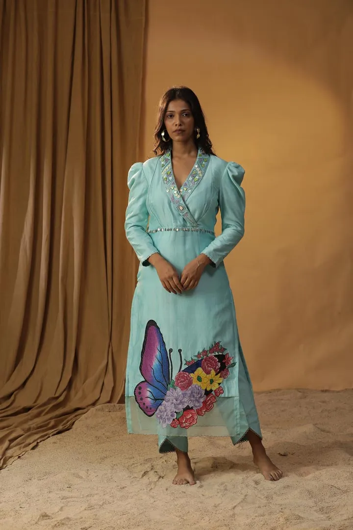 SKY BLUE BUTTERFLY HANDPAINTED SUIT SET