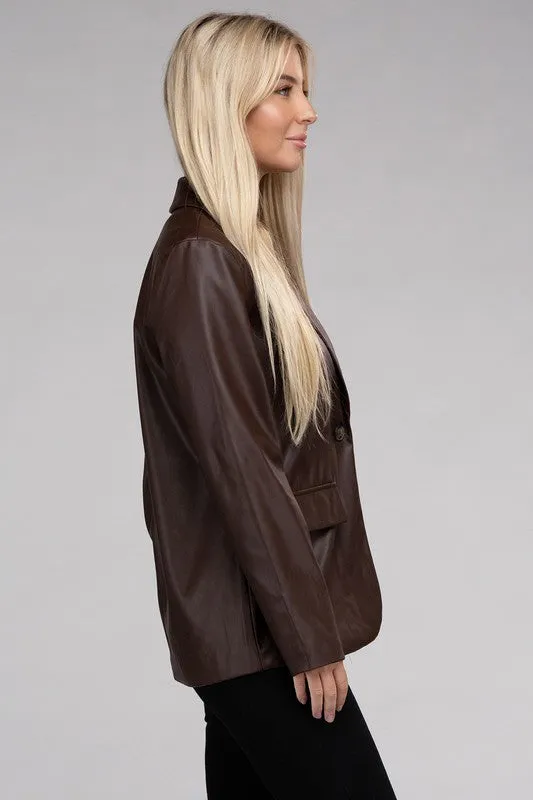 Sleek Pu Leather Blazer with Front Closure