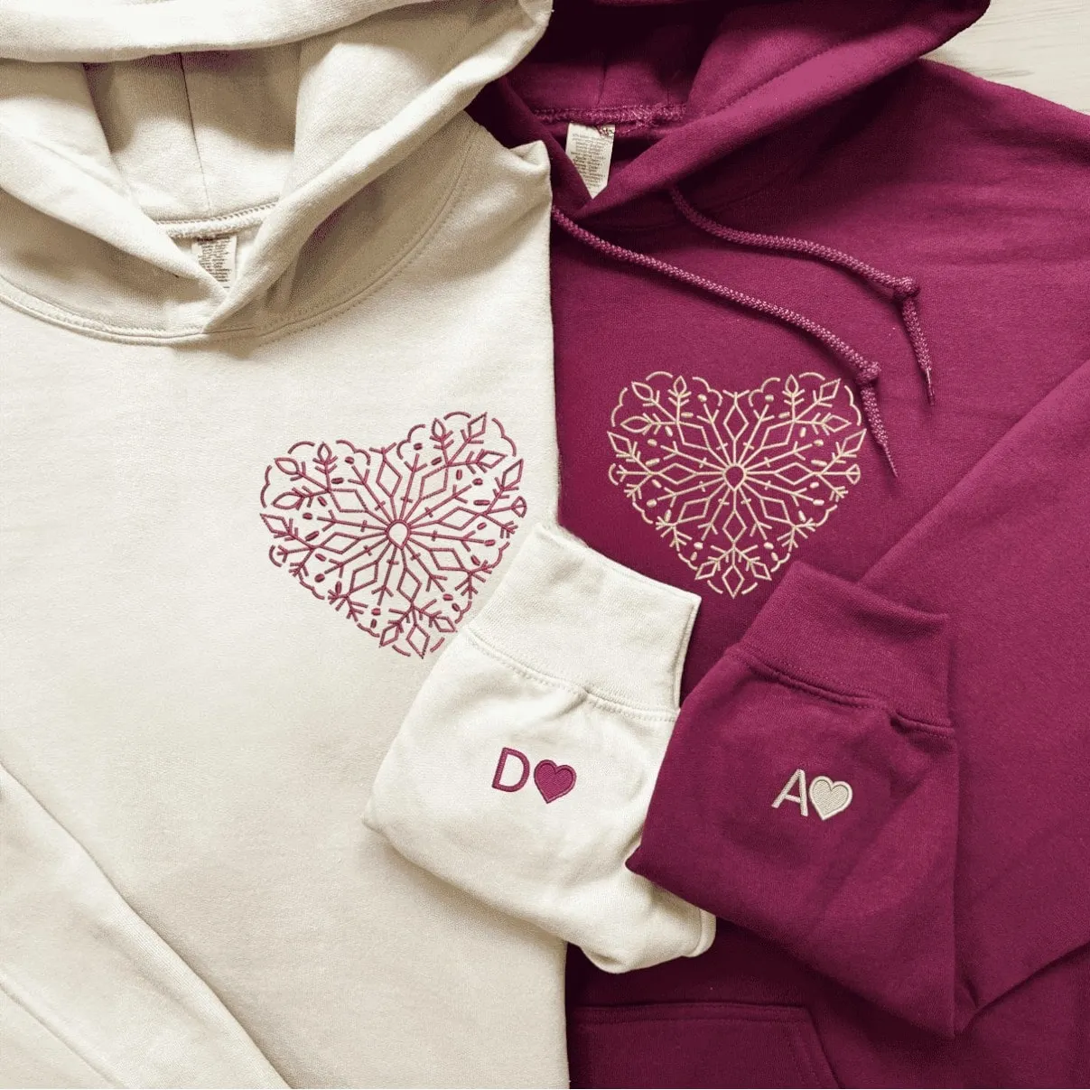 Snowflake Heart Matching Couple Hoodies - Custom Embroidered Sweatshirts For Couples