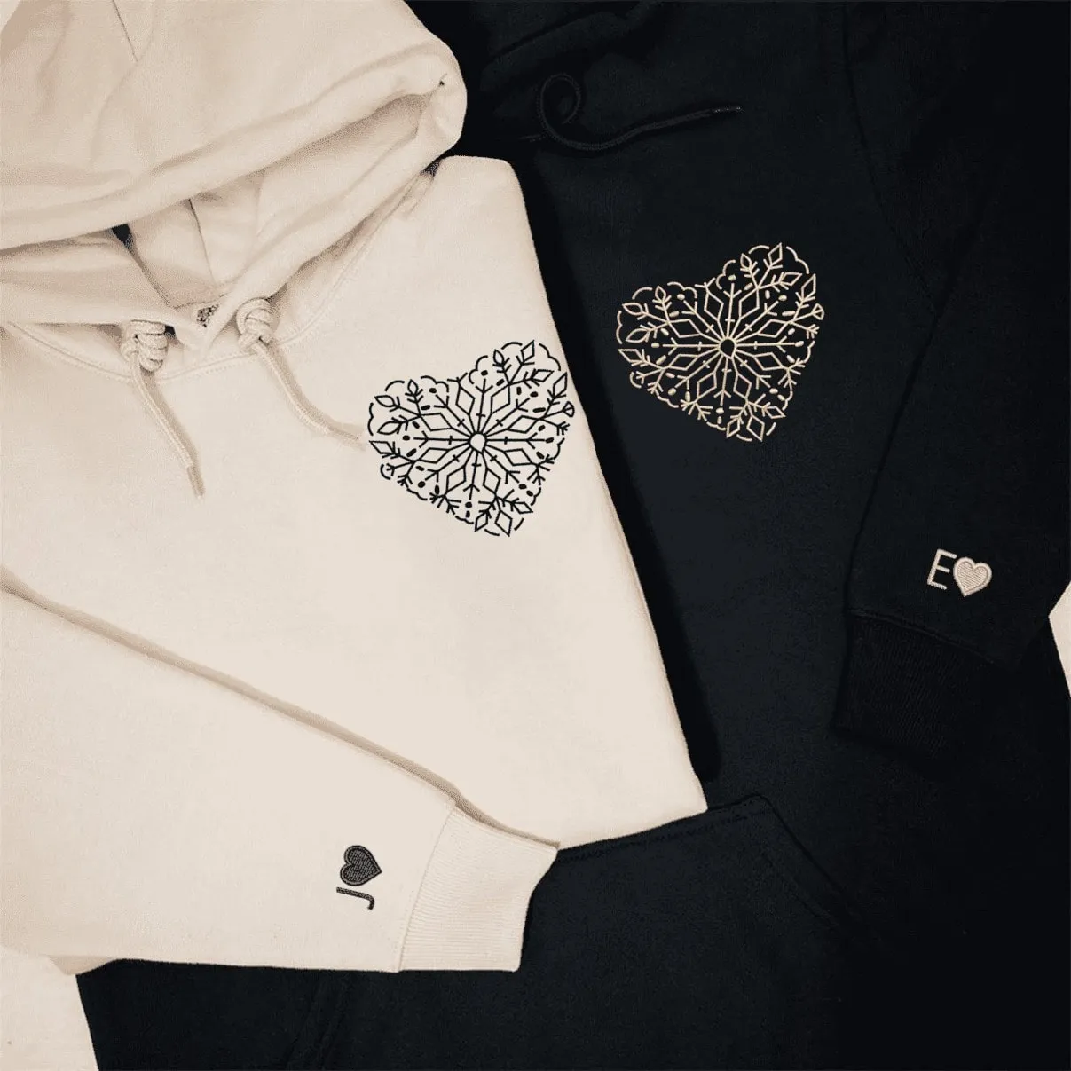 Snowflake Heart Matching Couple Hoodies - Custom Embroidered Sweatshirts For Couples