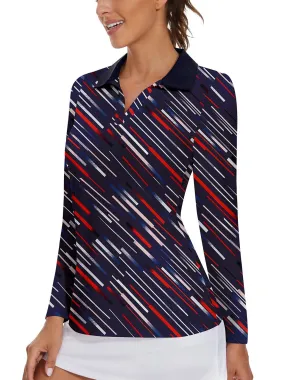 Stripe V-neck Collared Athletic Polo Shirt For Women