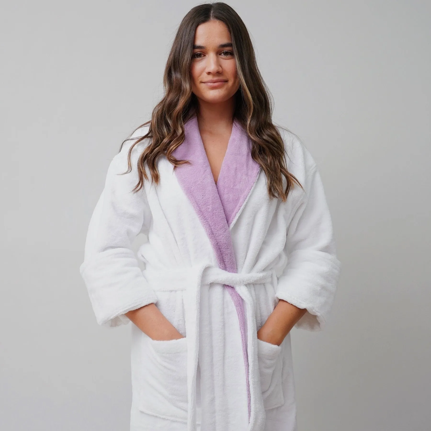 taurus mountain collection absorb8™ shawl collar robe, white with lilac shawl