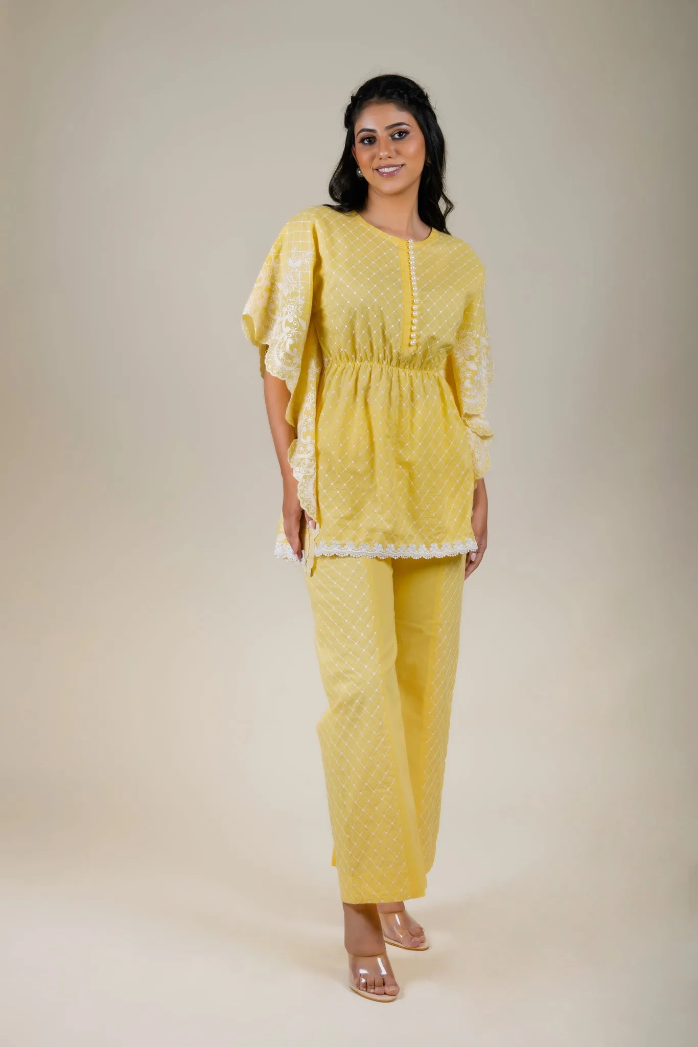 Yellow Embroidered Kaftan Set