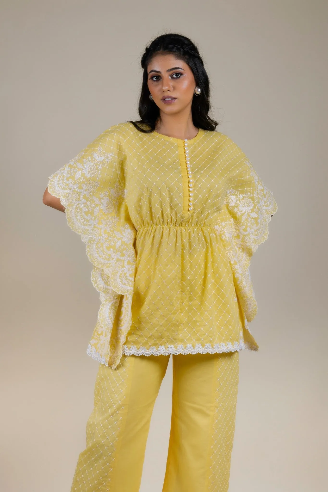 Yellow Embroidered Kaftan Set