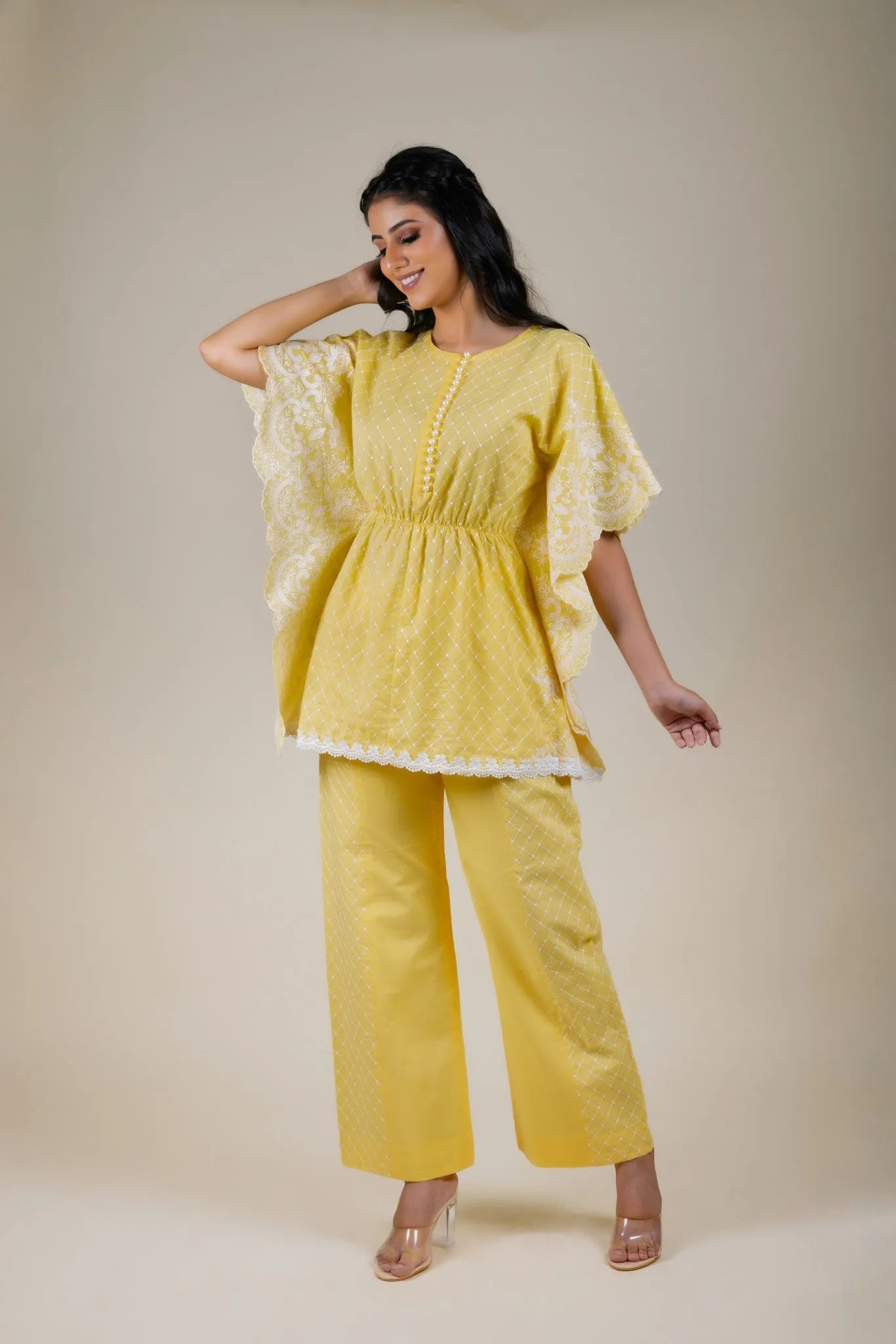 Yellow Embroidered Kaftan Set